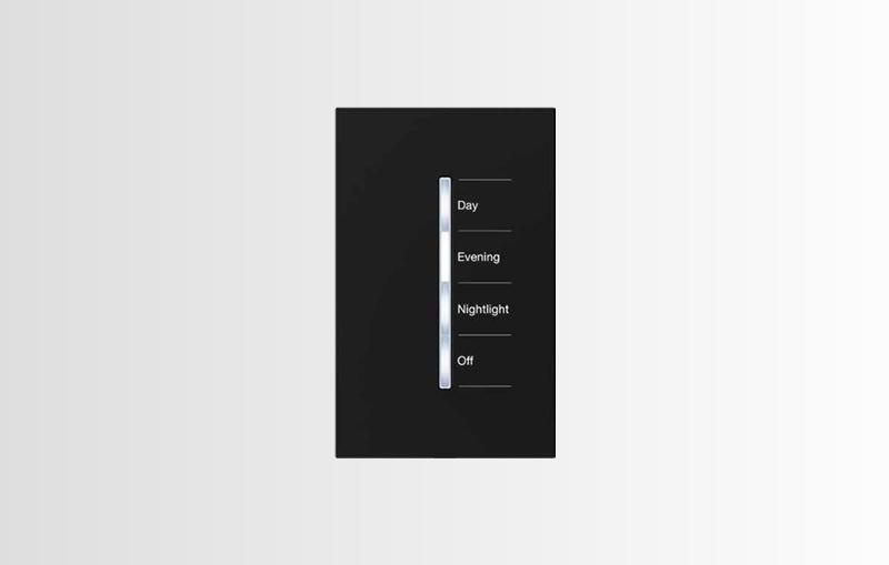 Lutron light control black switch on a white background.
